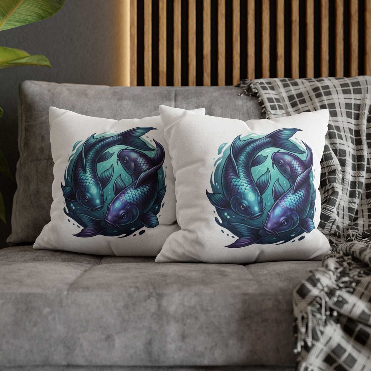 Pisces Koi Fish Decorative Pillowcase — Blue Yin Yang Aquatic Throw Pillow Cover