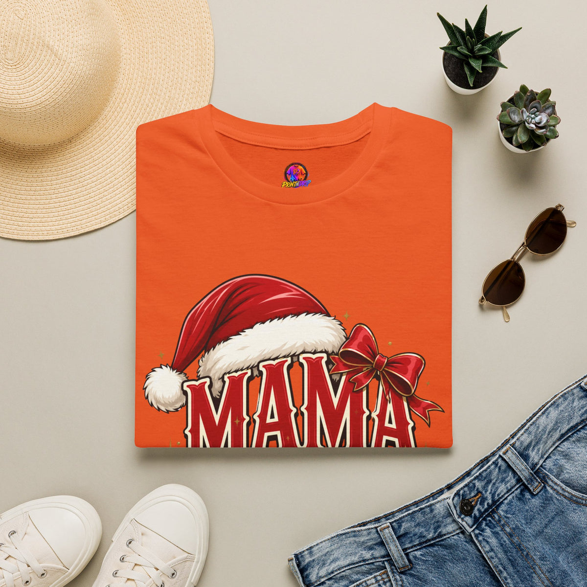 Mama Claus T-Shirt — Festive Christmas Mom Tee with Santa Hat & Bow