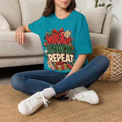 T-Shirt — "Wrap Snack Repeat" Christmas Graphic Tee