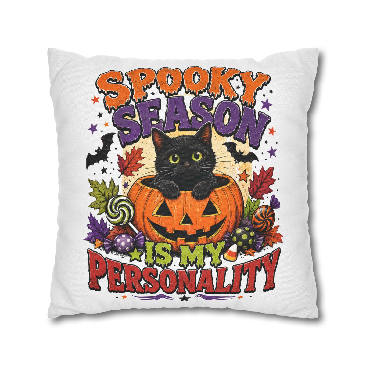 Halloween Pillowcase — "Spooky Season Is My Personality" Black Cat & Pumpkin Decorative Pillow Cover