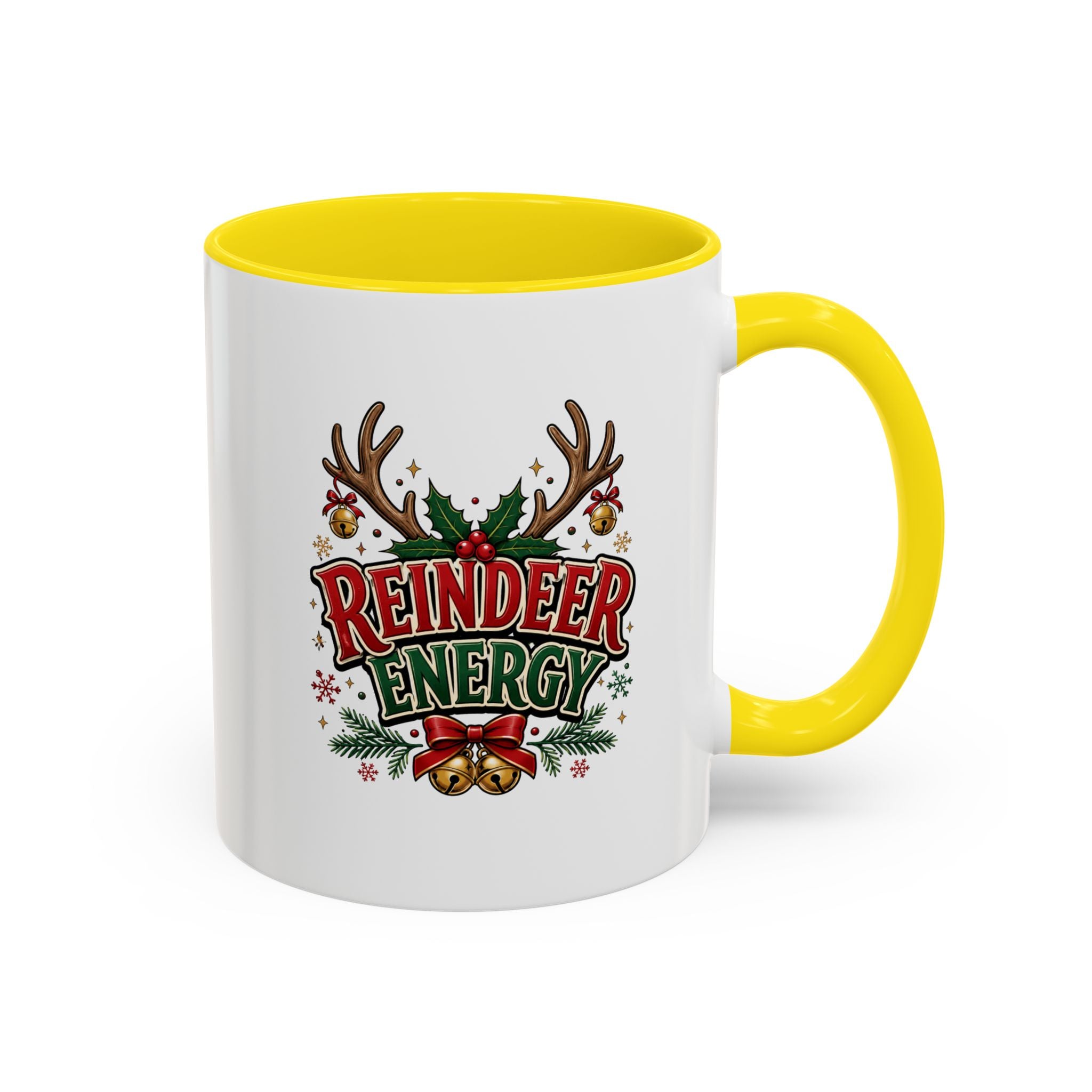 Reindeer Energy Coffee Mug – Holiday Christmas Antlers & Bells Accent Mug