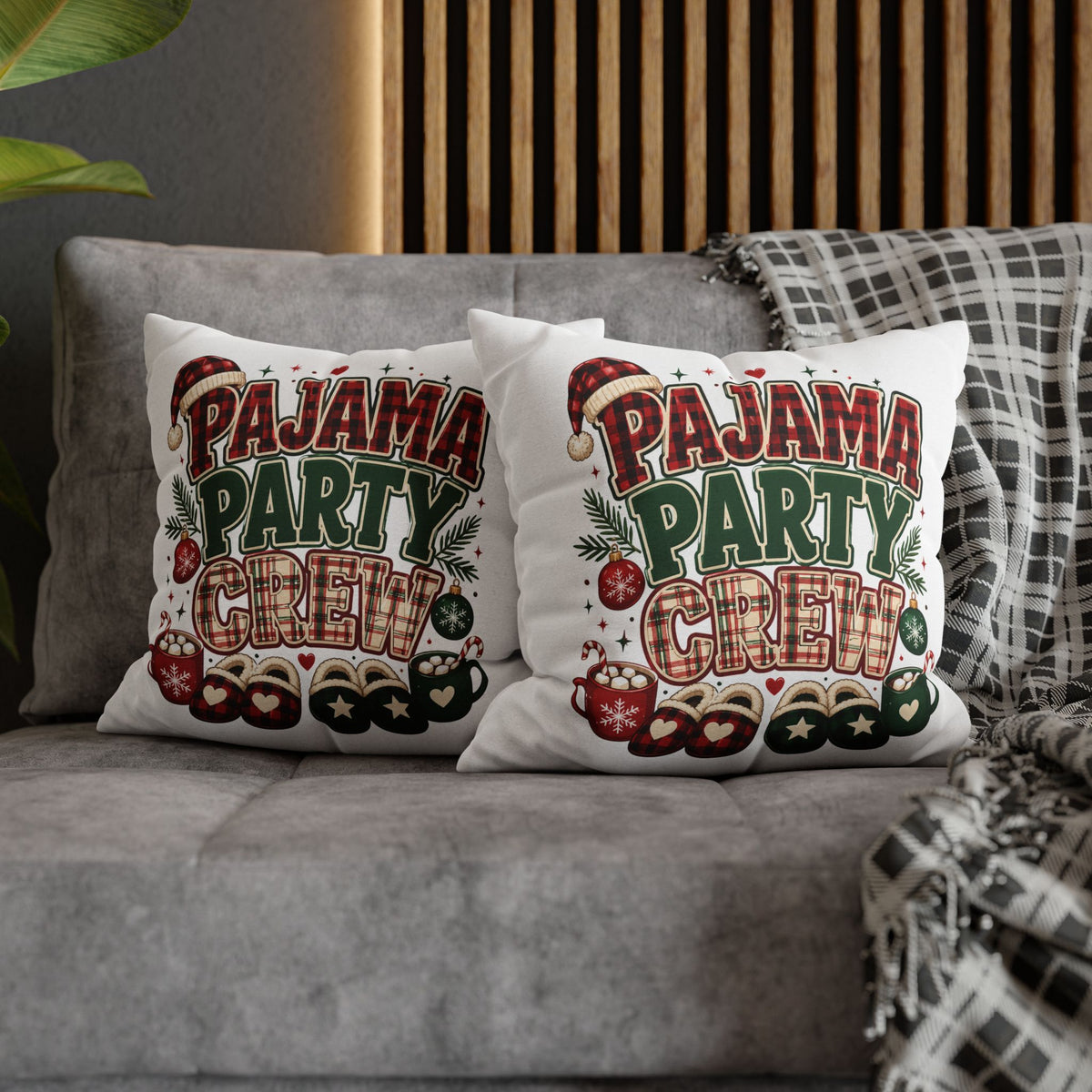 Christmas Pajama Party Crew Pillowcase — Christmas Holiday Decorative Throw Pillow Cover