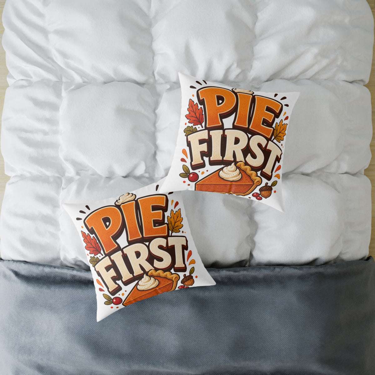 Thanksgiving Pie First Throw Pillow — Thanksgiving Decor Pillow with Pumpkin Pie Graphic