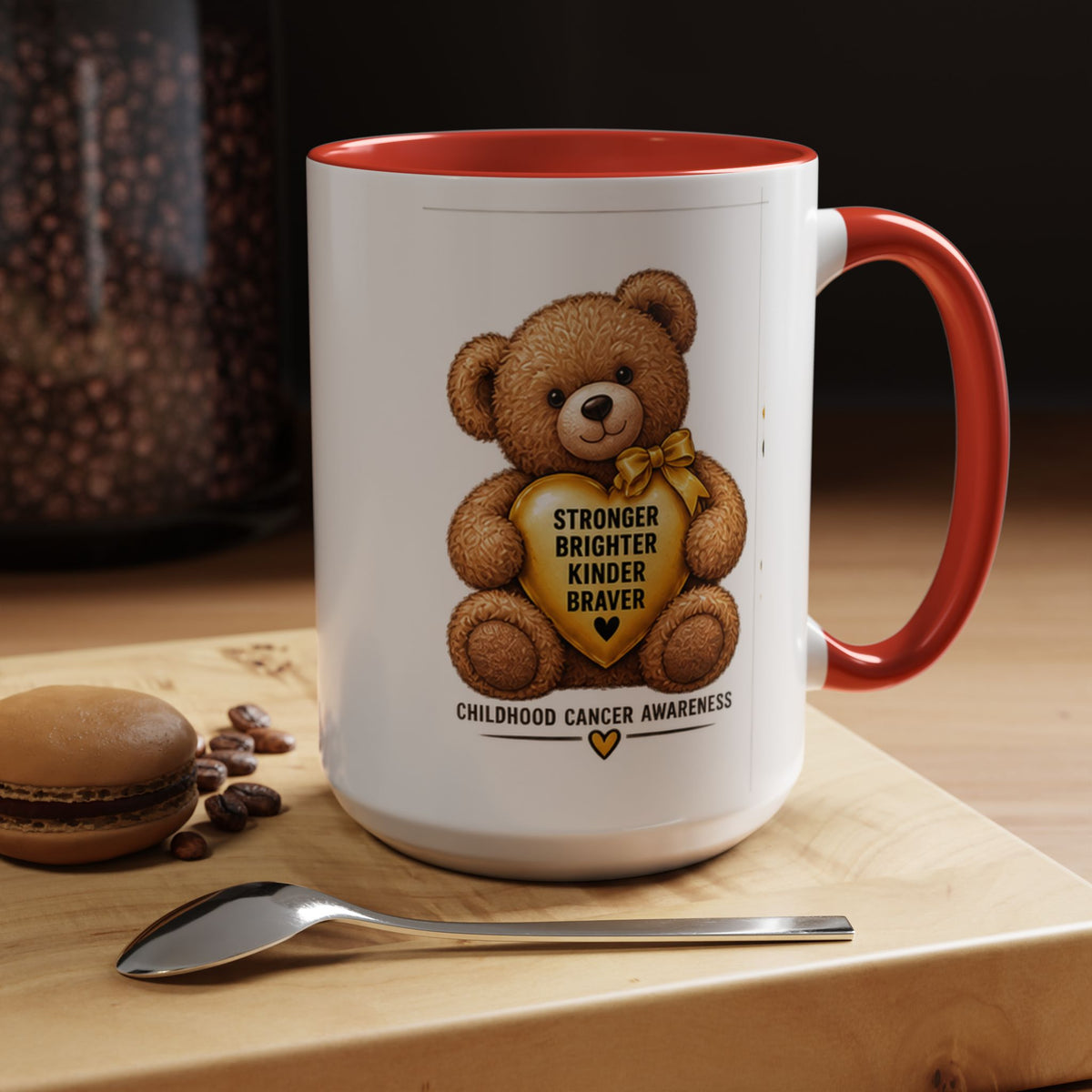 Childhood Cancer Awareness Coffee Mug — 'Stronger Brighter Kinder Braver' Teddy