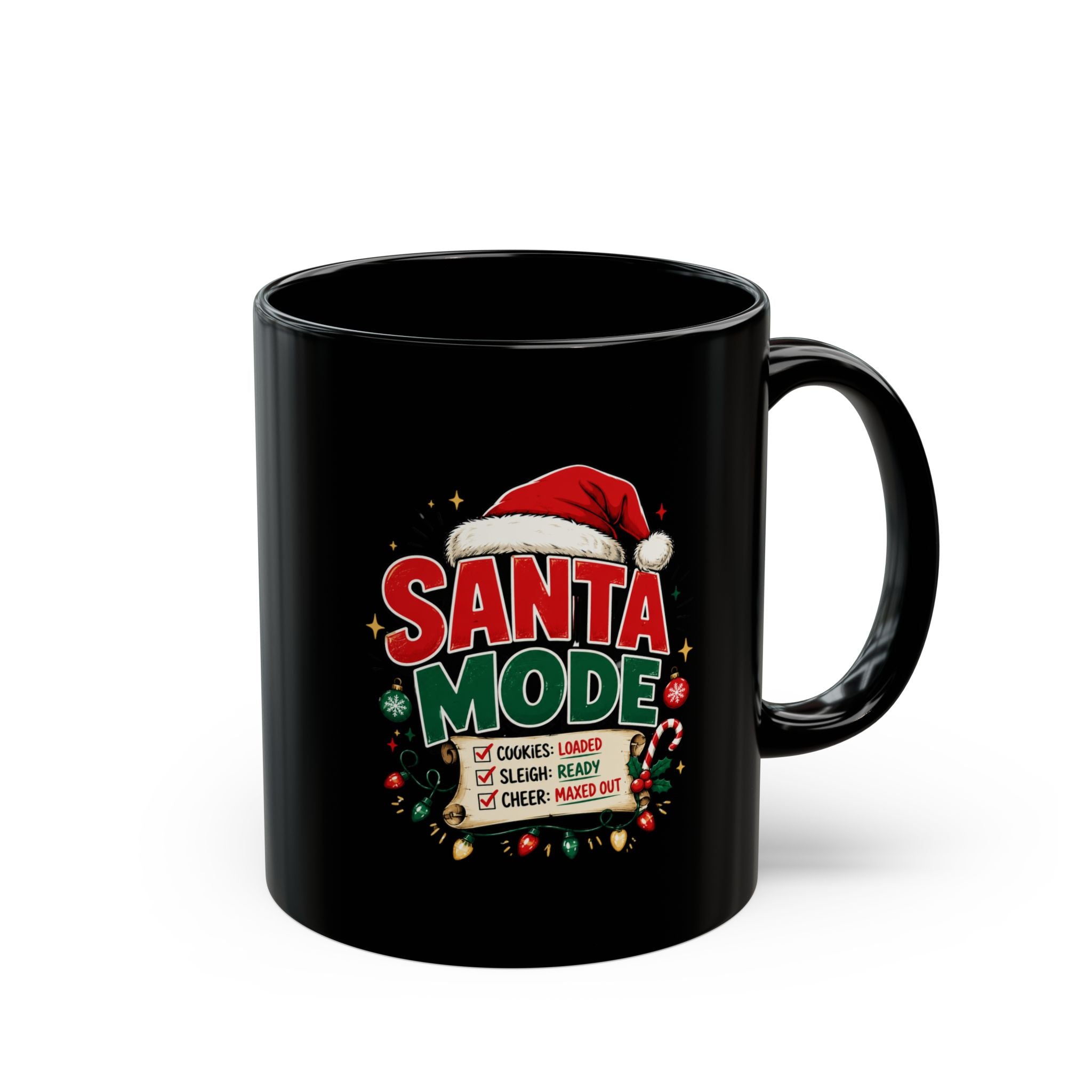 Santa Mode Christmas Mug — Festive Black Holiday Coffee Cup