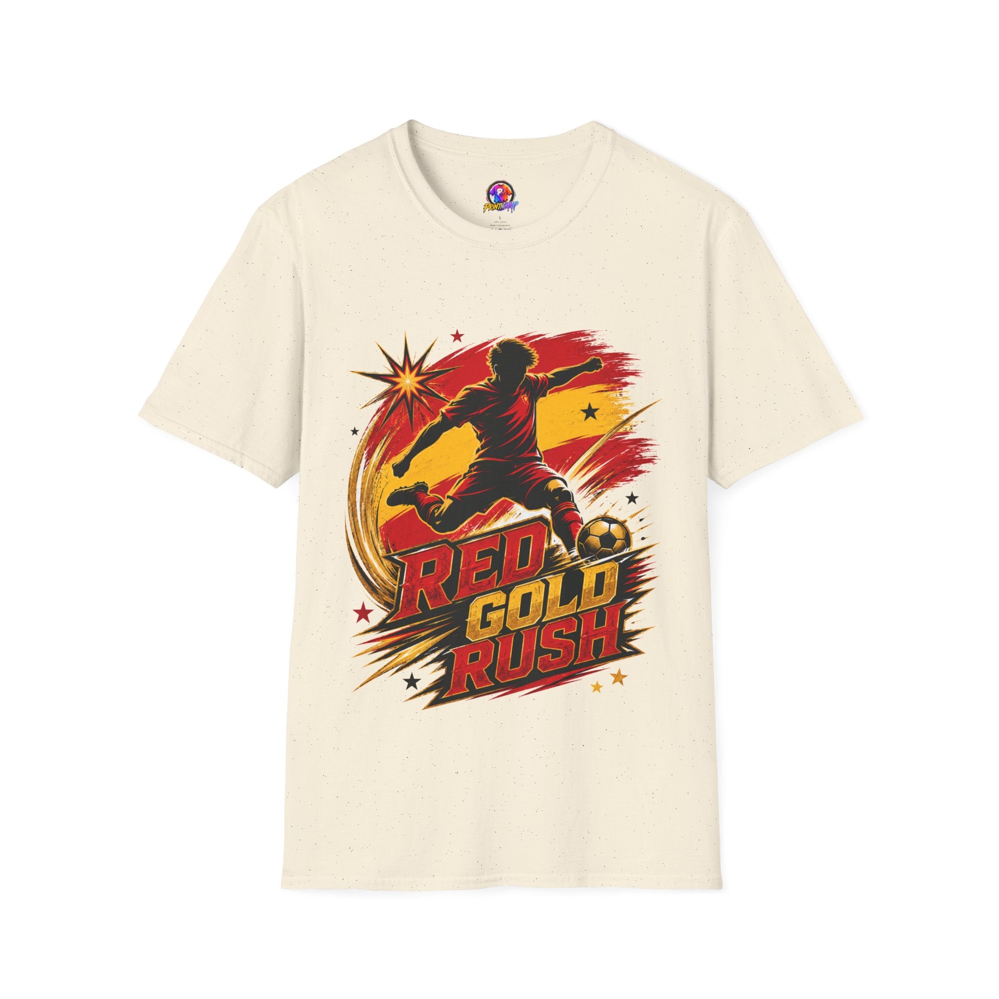 Spain Red & Gold Rush Soccer T-Shirt — Retro Soccer Player Graphic