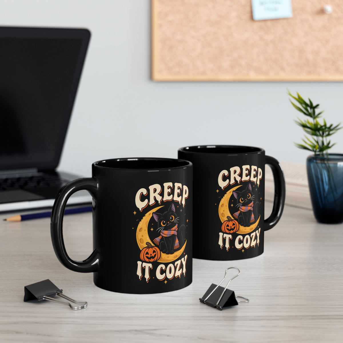Creep It Cozy Black Mug — Halloween Cat Moon Coffee Cup (11oz & 15oz)