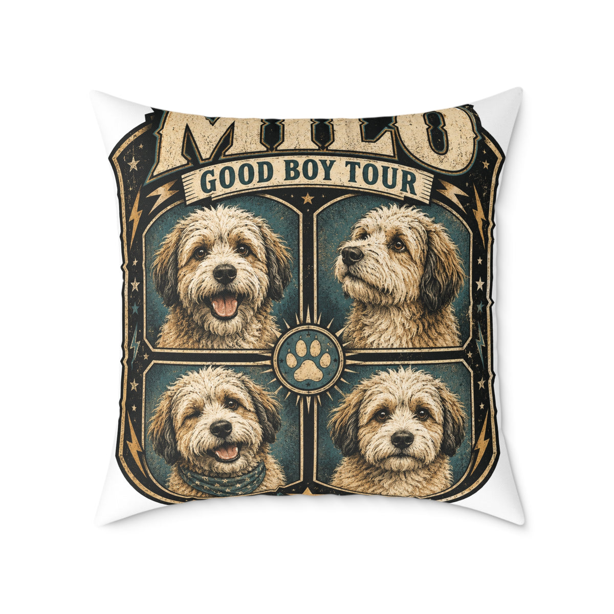 Dog Portrait Pillow - "Good Boy Tour" Vintage Puppy Square Throw Pillow  Milo Bailey Dog Dad Mom