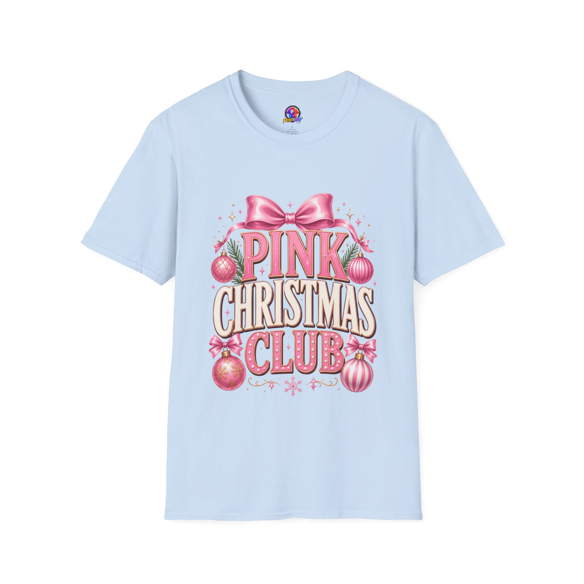 Pink Christmas Club T-Shirt — Womens Festive Holiday Tee with Bow & Ornaments