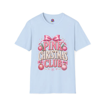 Pink Christmas Club T-Shirt — Womens Festive Holiday Tee with Bow & Ornaments