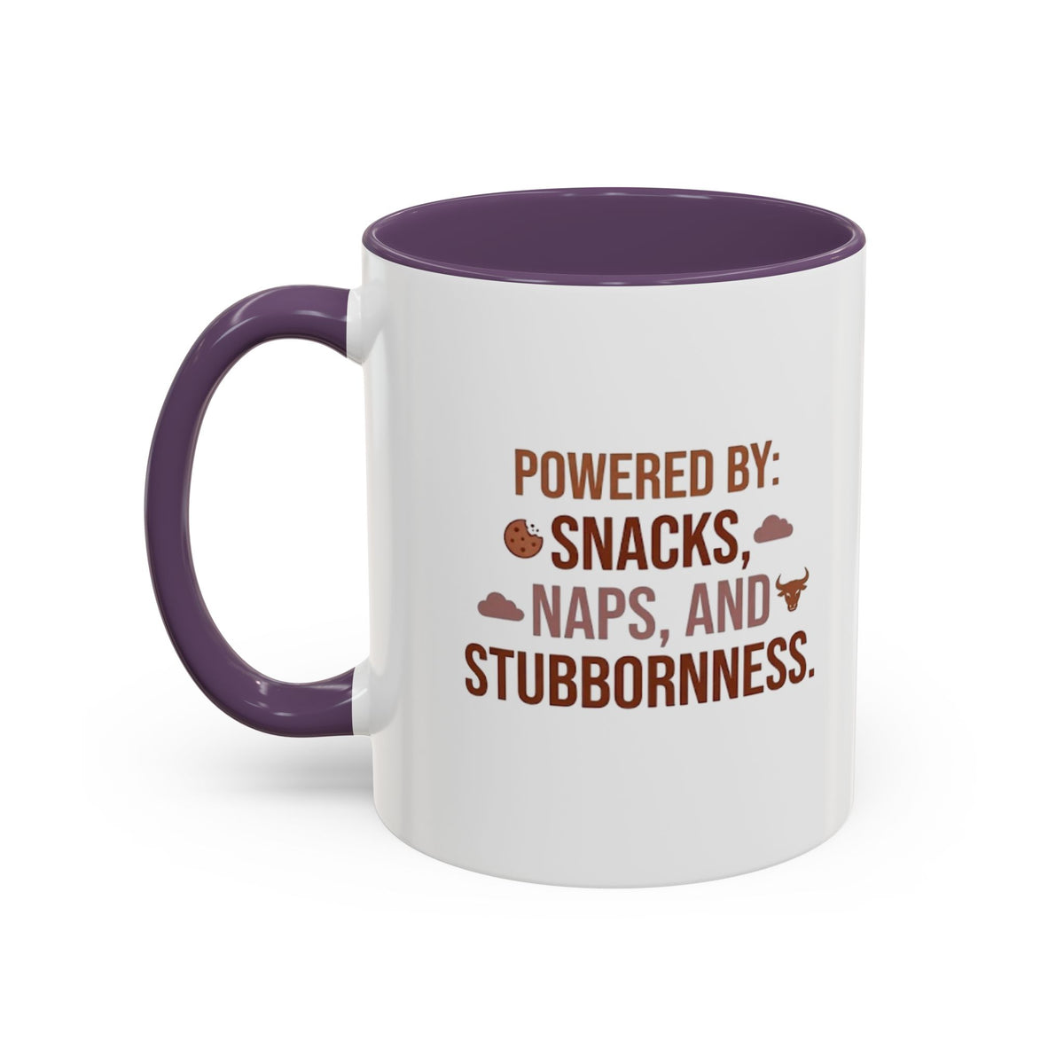 Taurus Coffee Mug - "Powered by Snacks, Naps, and Stubbornness" Accent Ceramic Mug