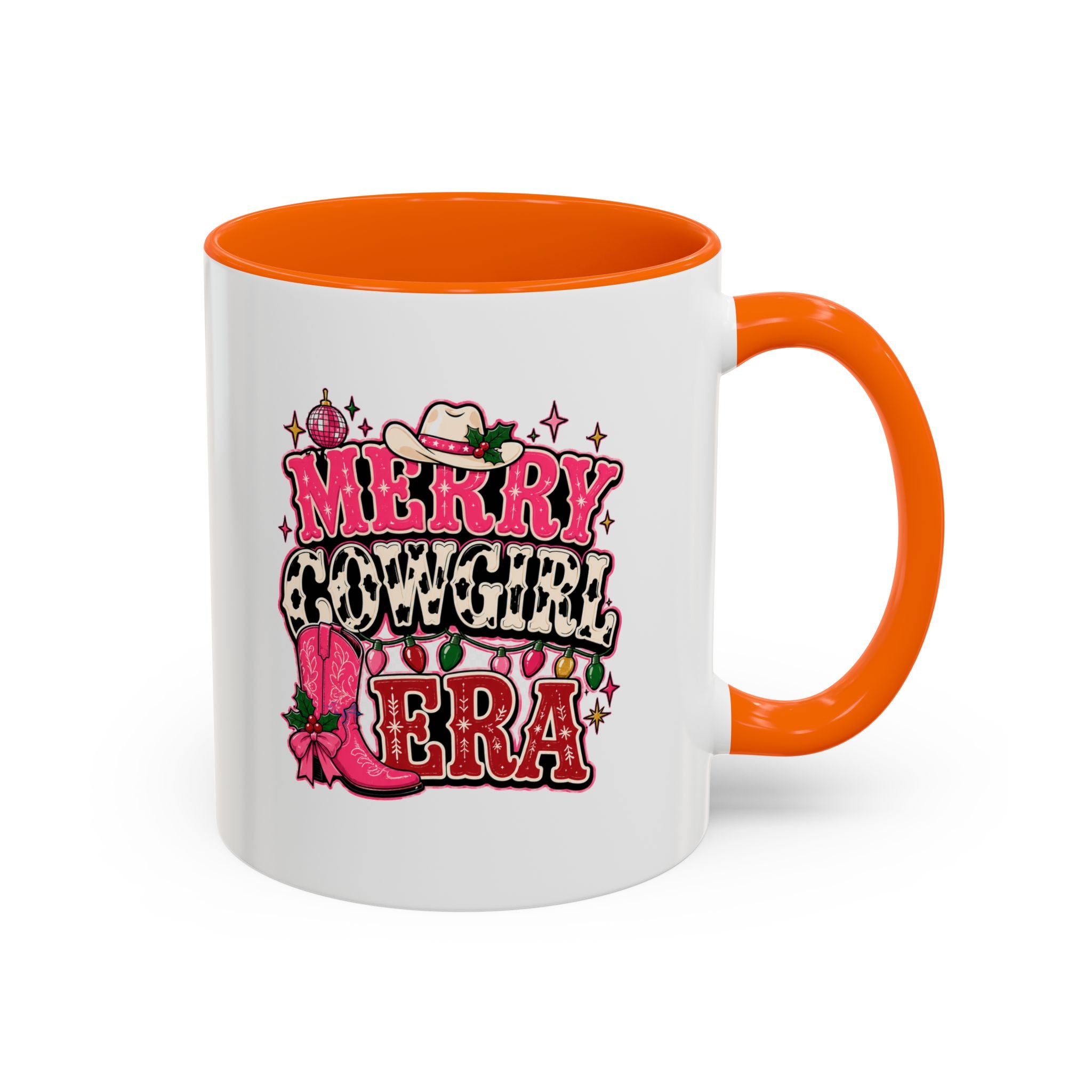 Modern Day Christmas Merry Cowgirl Era Accent Coffee Mug — Festive Pink Western Cowboy Boots & Hat Mug