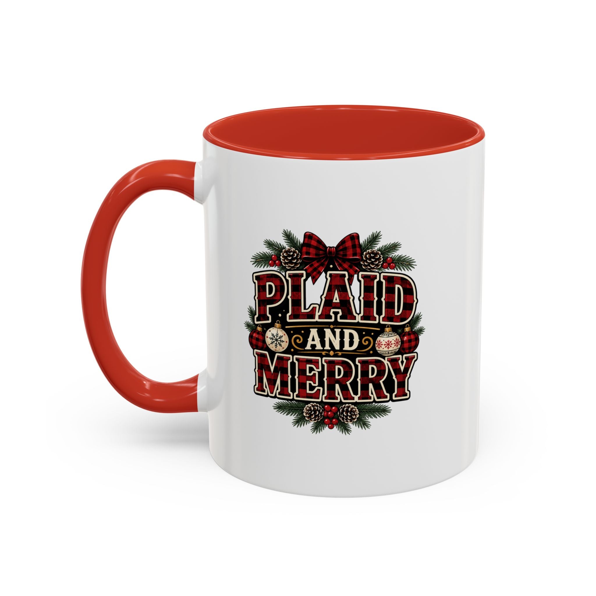 Plaid and Merry Accent Coffee Mug — Festive Buffalo Check Christmas Mug