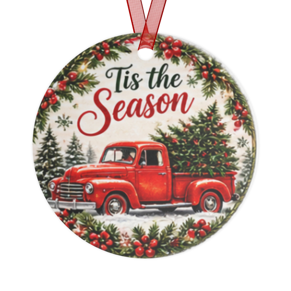 Tis the Season Red Truck Metal Ornament – Retro Christmas Tree Holiday Decoration