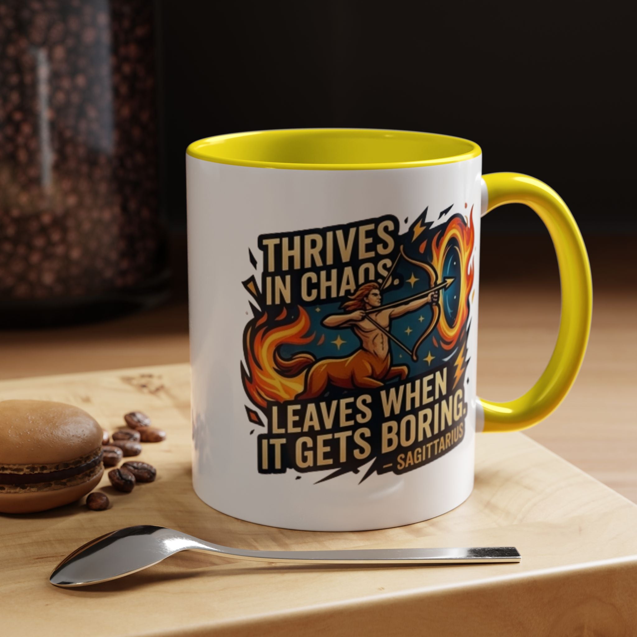 Sagittarius Coffee Mug – "Thrives in Chaos, Leaves When It Gets Boring" Accent Mug