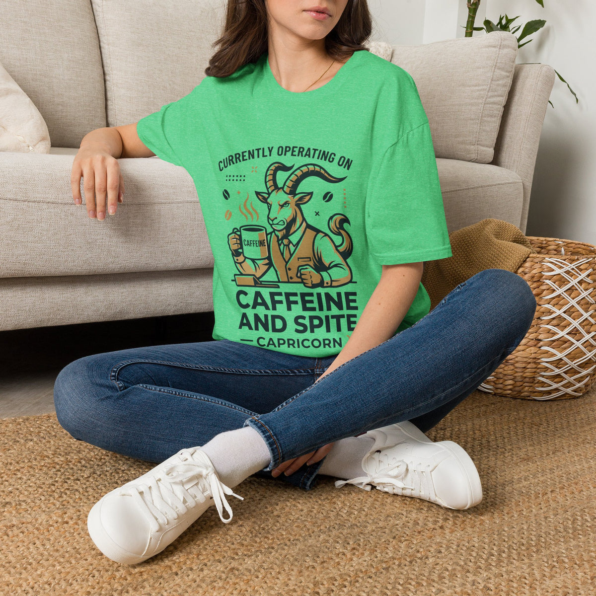 Capricorn T-Shirt — "Currently Operating on Caffeine and Spite" Zodiac Goat Tee