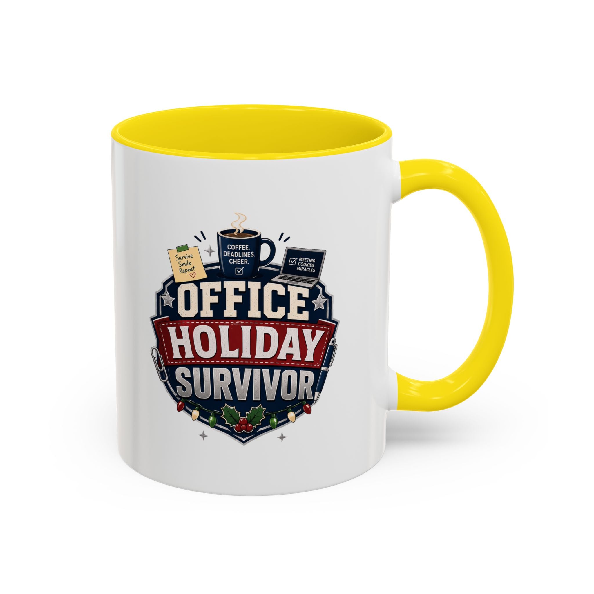 Modern Day Christmas Office Holiday Survivor Accent Coffee Mug – Funny Christmas Office Gift