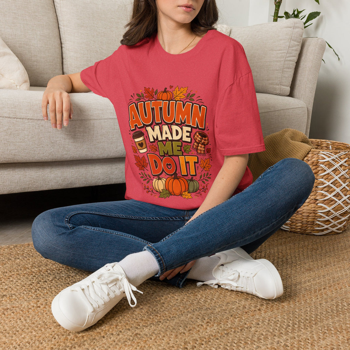 Thanksgiving T-shirt Autumn Made Me Do It T-Shirt — Fall Pumpkin & Leaves Graphic Tee