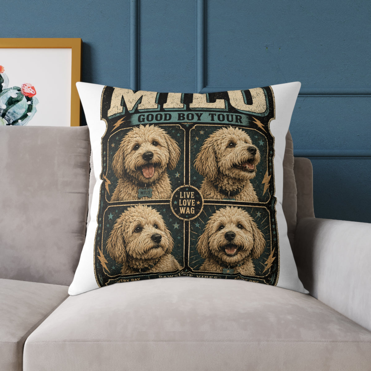 Milo "Good Boy Tour" Dog Photo Square Pillow  Milo Bailey Dog Dad Mom — Cute Pet Portrait Throw Pillow