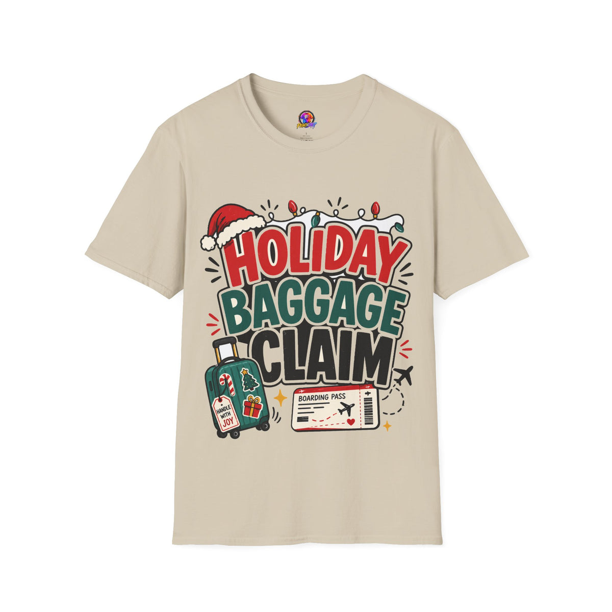 Holiday Baggage Claim T-Shirt — Funny Christmas Vacation Tee with Santa Hat & Lights