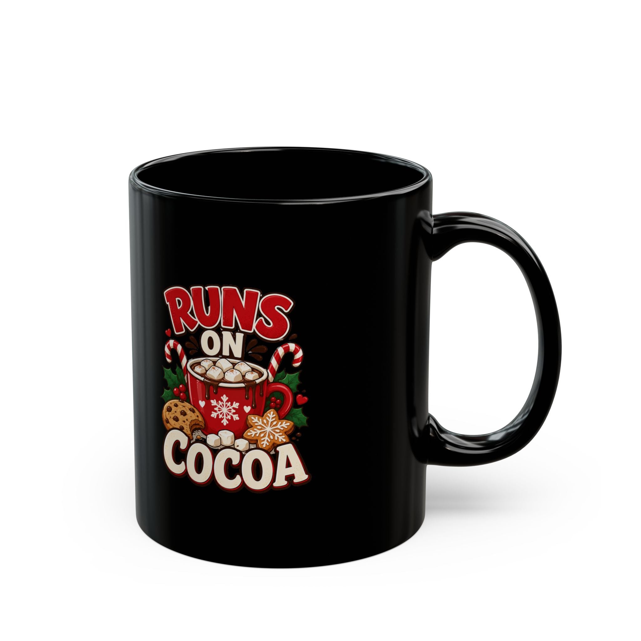 Cocoa Mug - "Runs on Cocoa" Holiday Coffee Black Cup