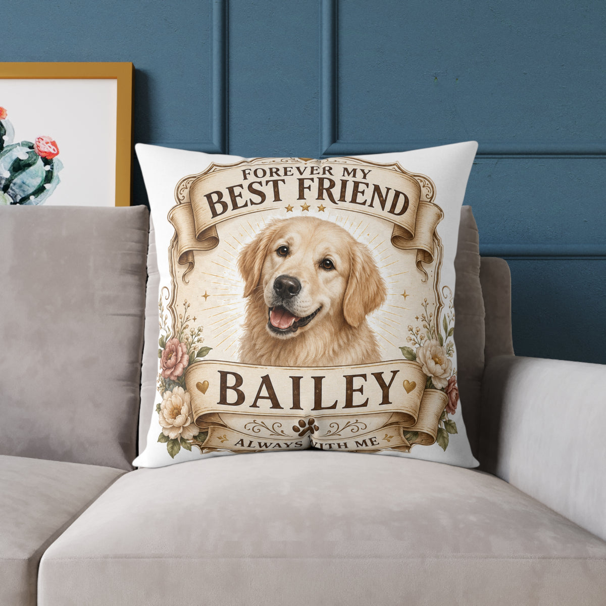 Forever My Best Friend Personalized Dog Milo Bailey Dog Dad Mom Pillow — Golden Retriever Name Cushion (Bailey)