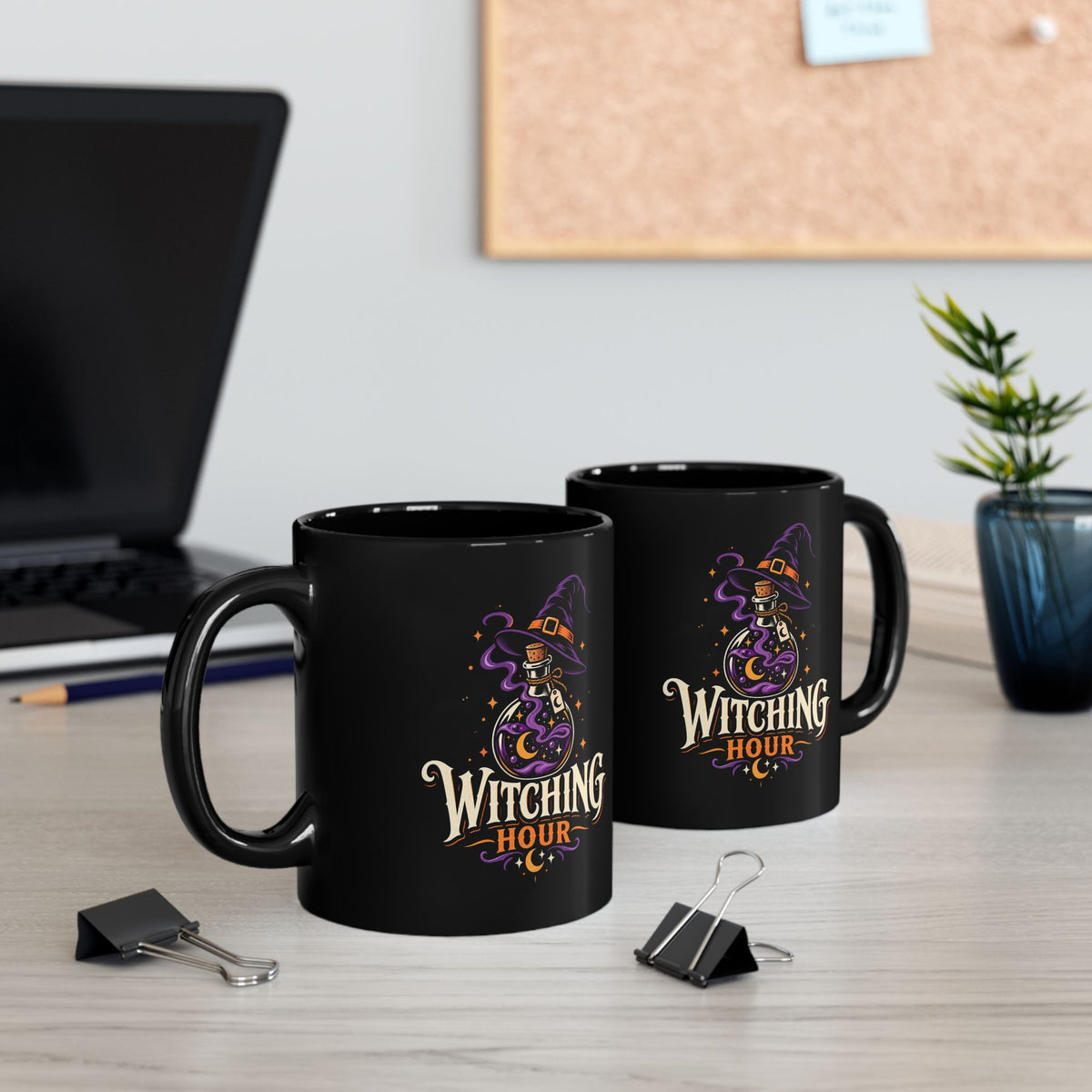 Witching Hour Black Mug — Spooky Halloween Witch Hat & Potion Coffee Cup (11oz/15oz)