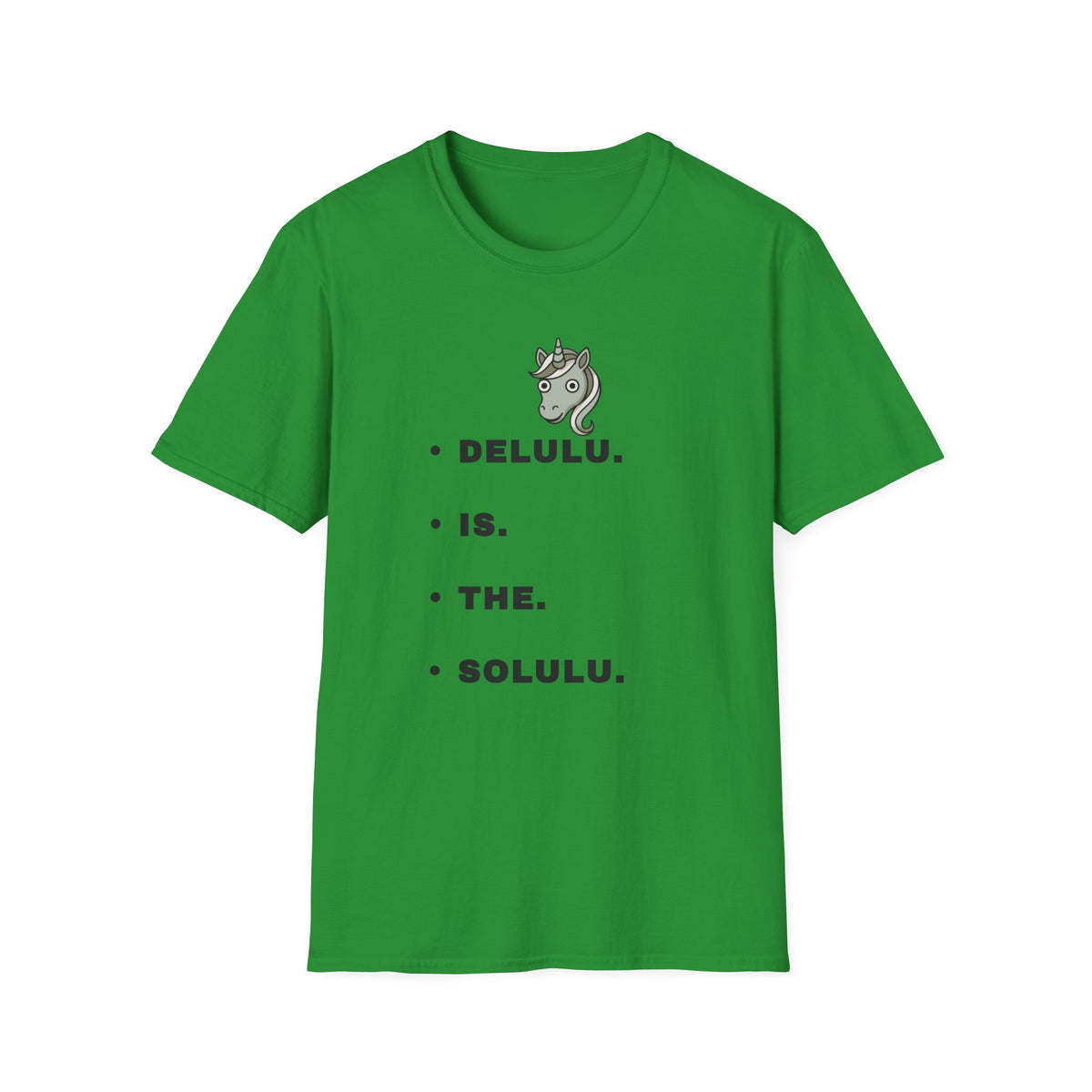 T-Shirt — Minimalist Unicorn Graphic Tee with "DELULU" Text - Trending Now - September 2026