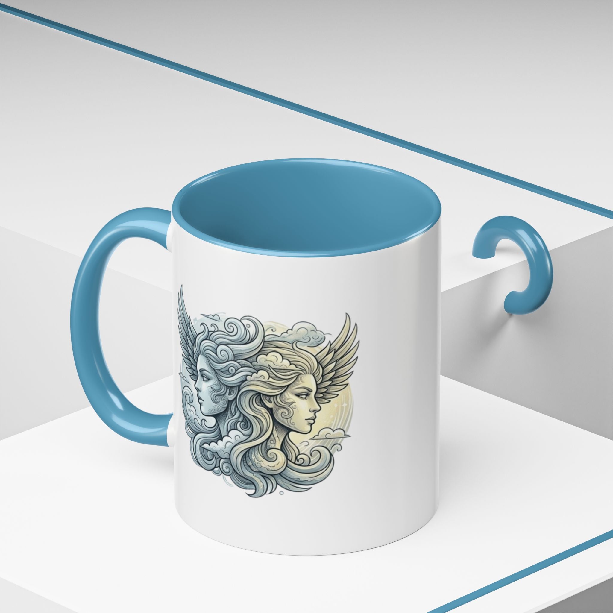 Gemini Twins Accent Coffee Mug — Sun & Moon Winged Faces Illustration