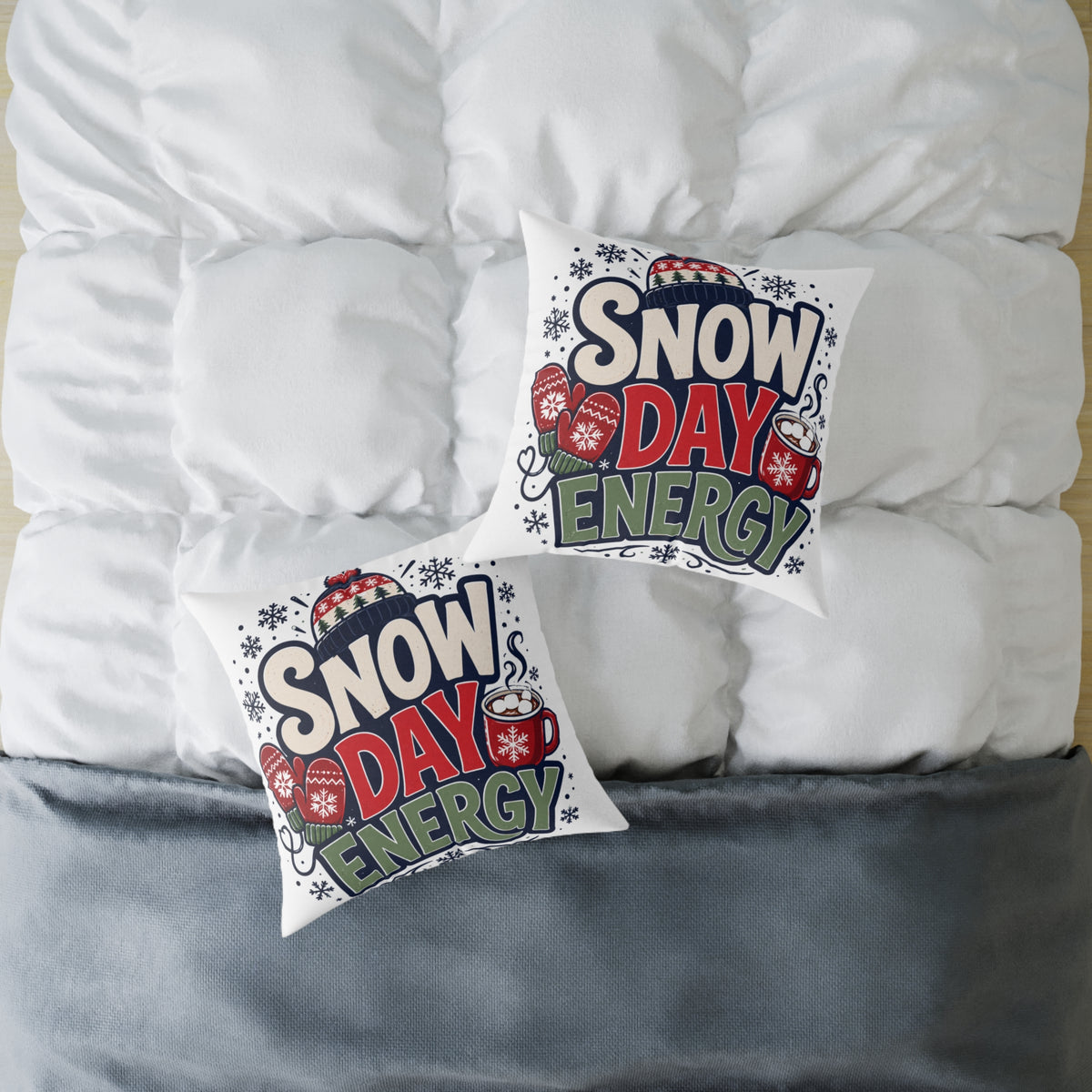 Christmas Snow Day Energy Pillow — Cozy Winter Decorative Throw Pillow with Holiday Mug & Mittens Design