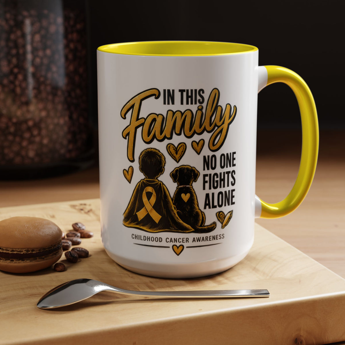 Childhood Cancer Awareness Accent Coffee Mug – "In This Family No One Fights Alone" (11/15oz)
