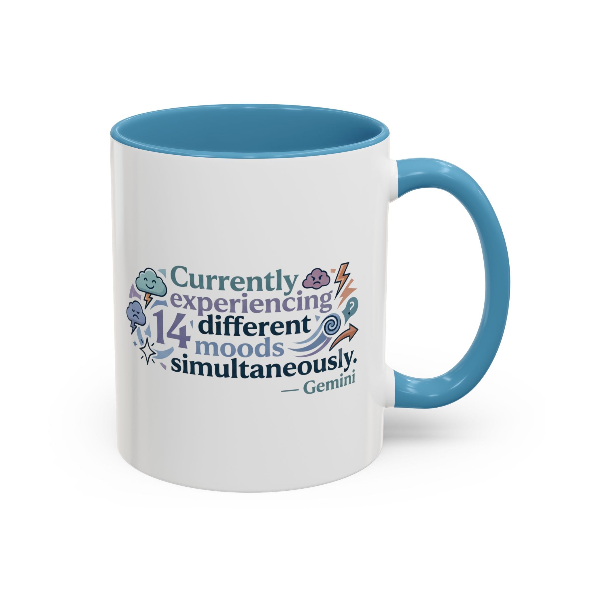 Gemini Mood Coffee Mug — "Currently Experiencing 14 Different Moods" Accent Ceramic Mug