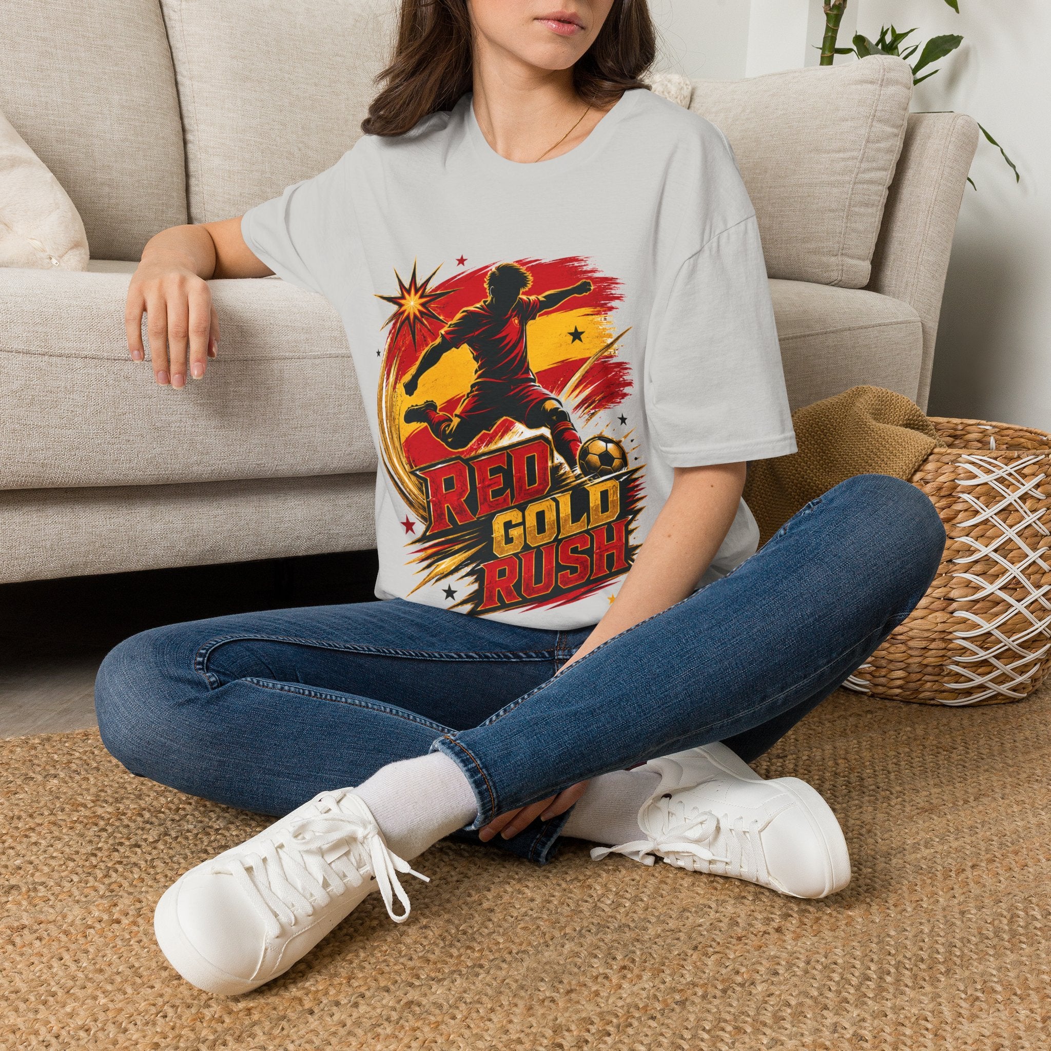 Spain Red & Gold Rush Soccer T-Shirt — Retro Soccer Player Graphic
