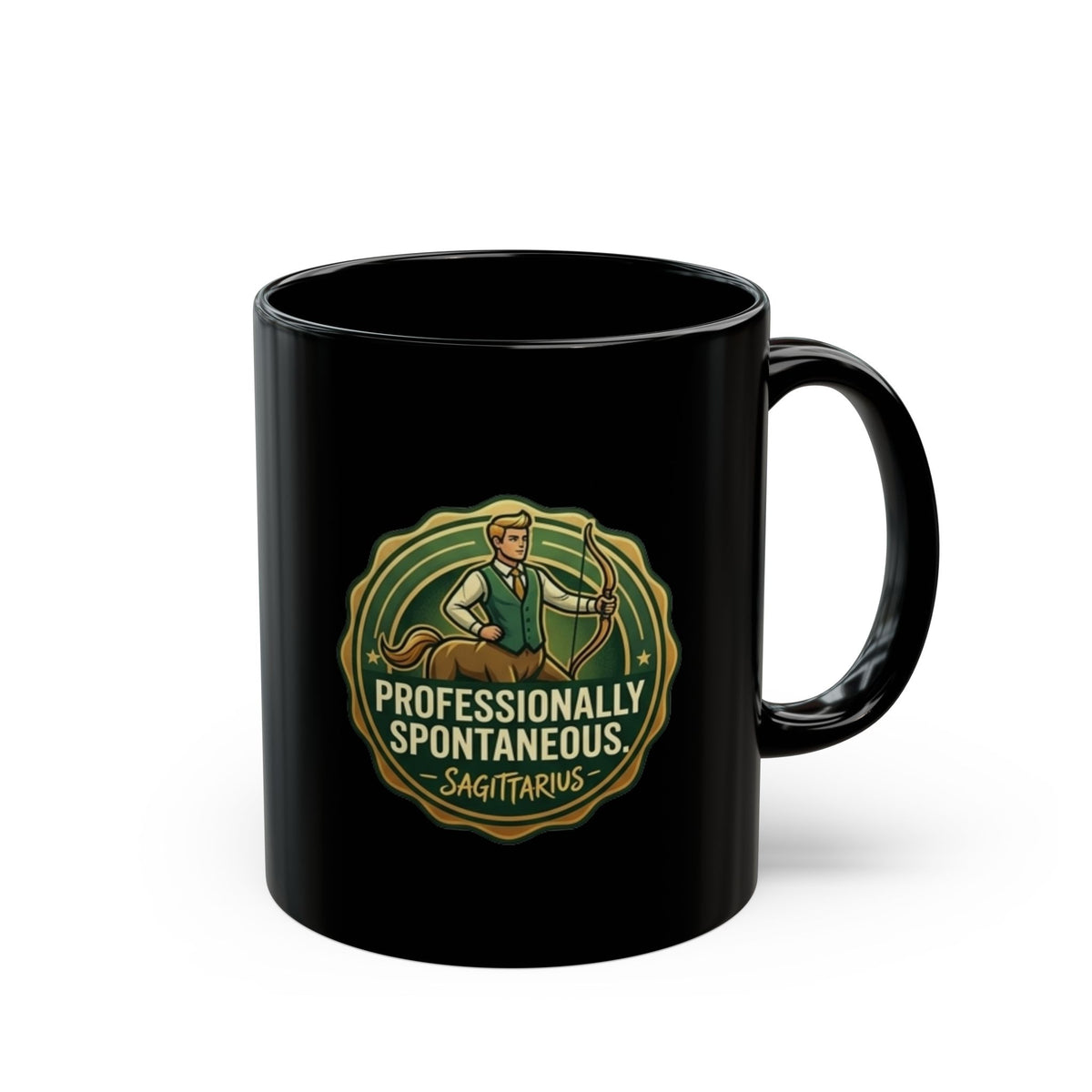 Sagittarius Coffee Mug — "Professionally Spontaneous" Black Zodiac Mug