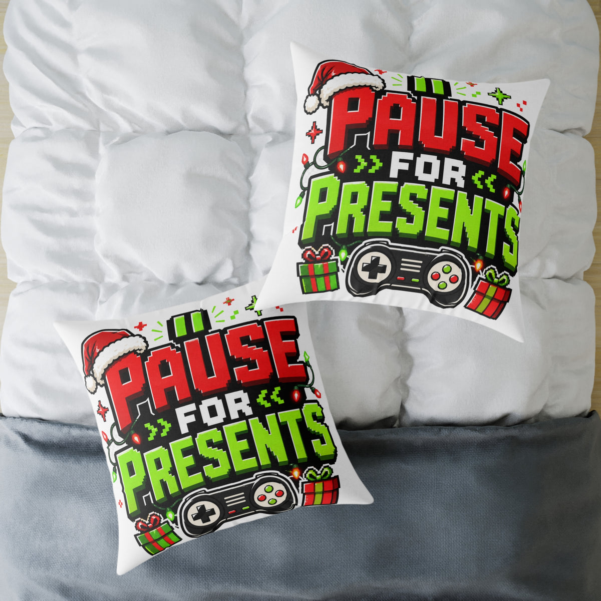 Modern Day Christmas Holiday Gamer Pillow — "Pause for Presents" Christmas Gaming Throw Pillow