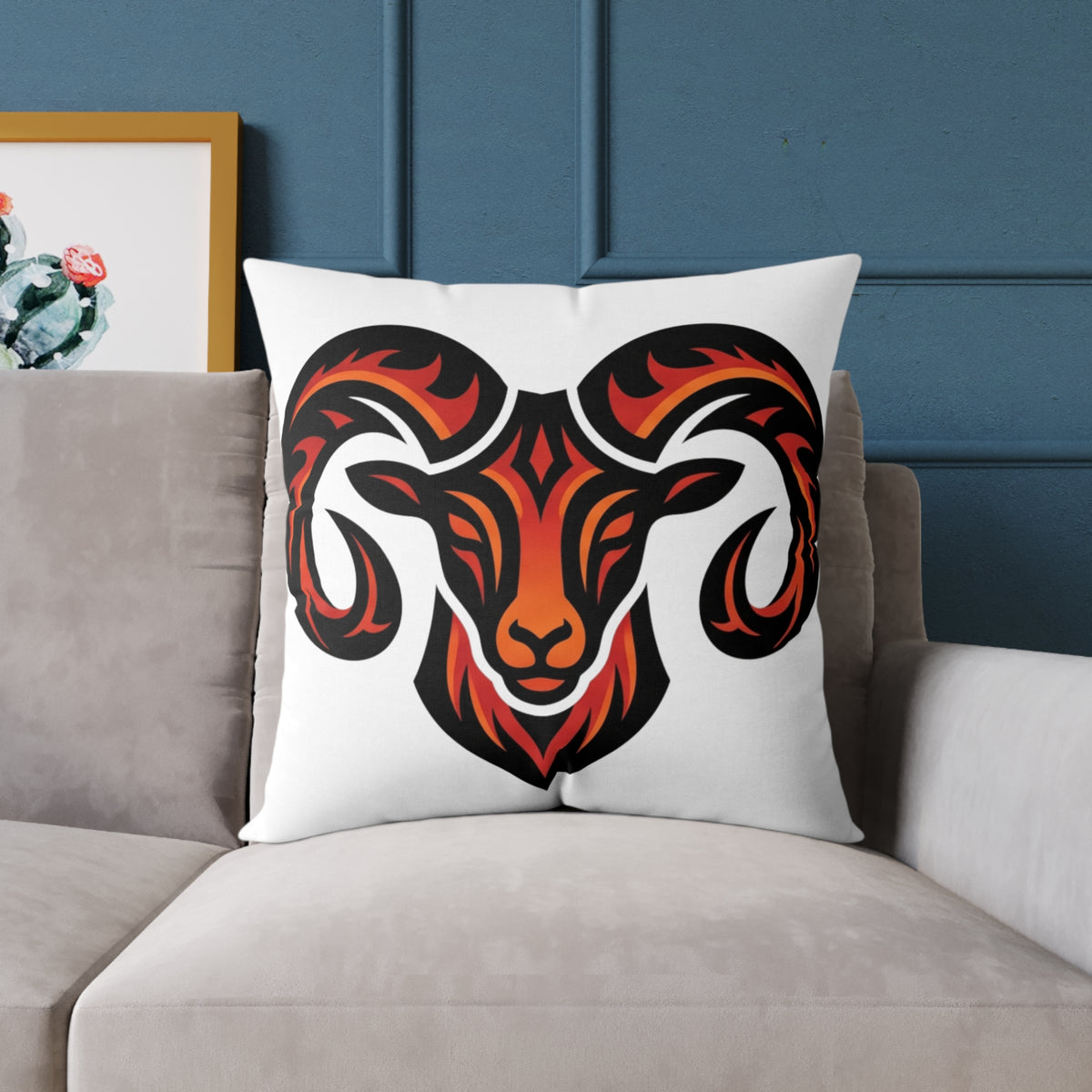 Aries Zodiac Ram Head Throw Pillow — Tribal Flame Goat Design Decorative Cushion