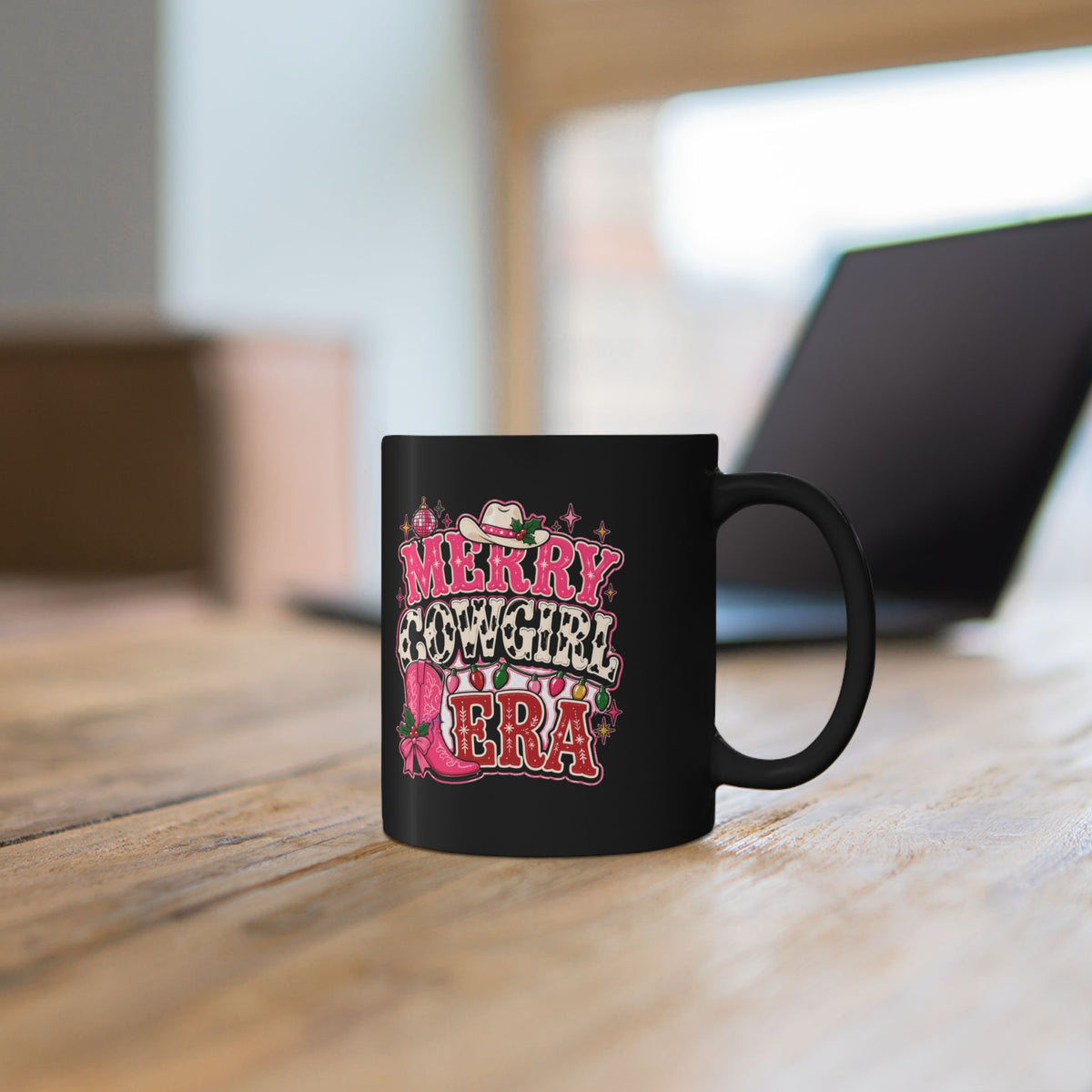 Modern Day Christmas Mug — "Merry Cowgirl Era" Black Coffee Mug