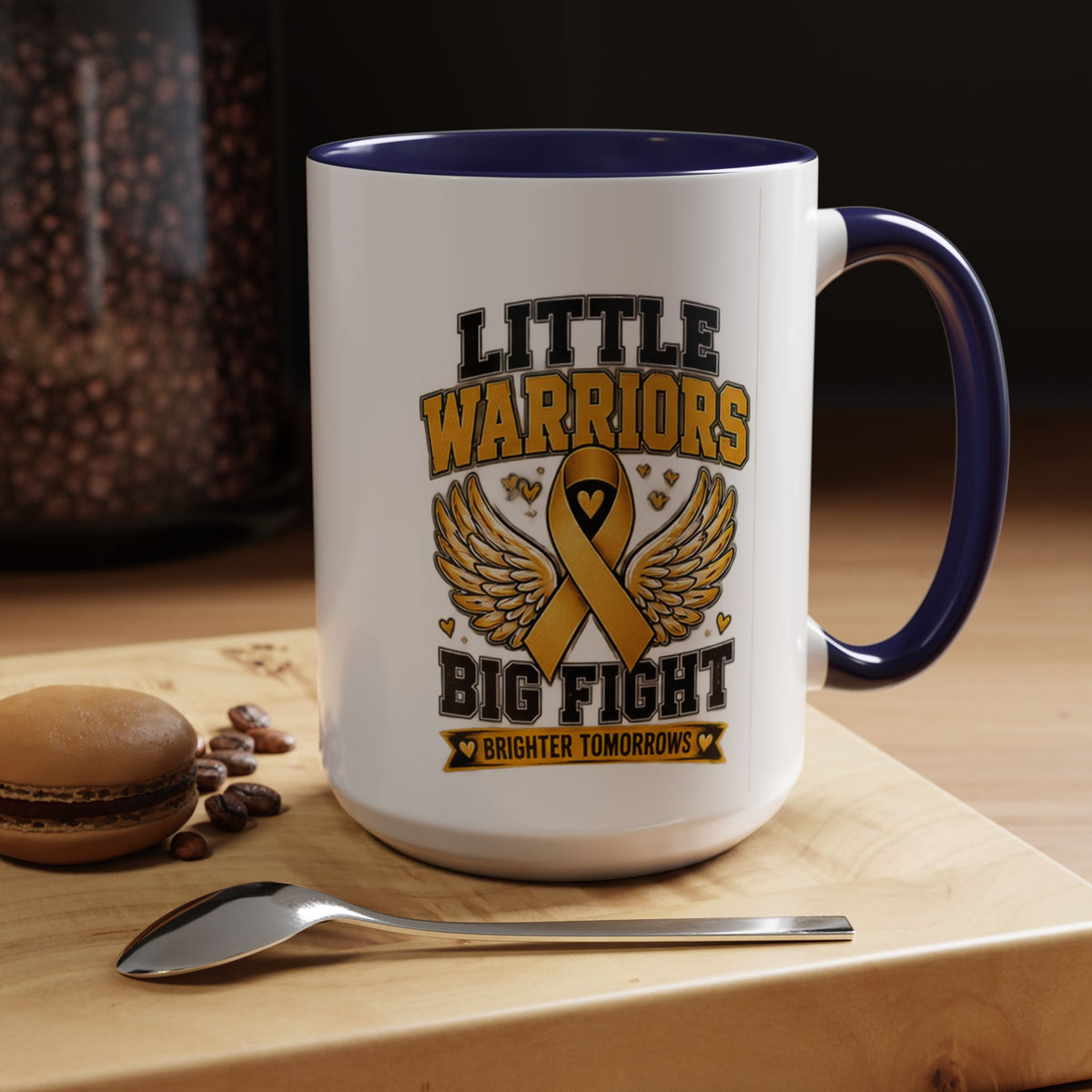 Little Warriors Big Fight Childhood Cancer Awareness Coffee Mug — Gold Ribbon Support Accent Mug