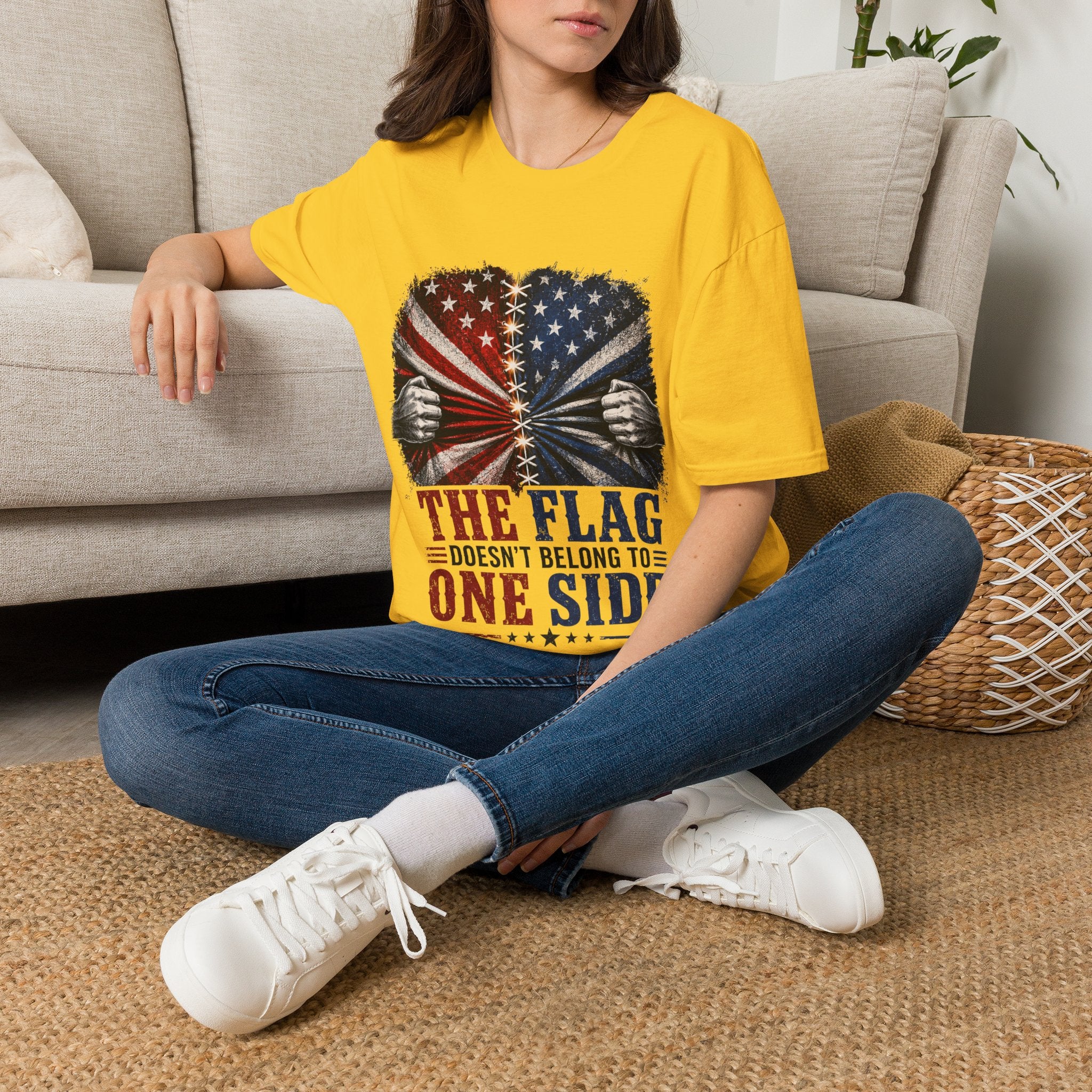 T-Shirt — "The Flag Doesn't Belong to One Side" Distressed American Flag Graphic