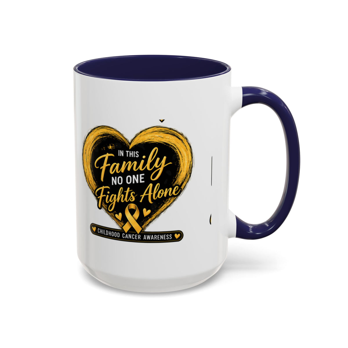 Childhood Cancer Awareness Accent Coffee Mug — "In This Family No One Fights Alone"