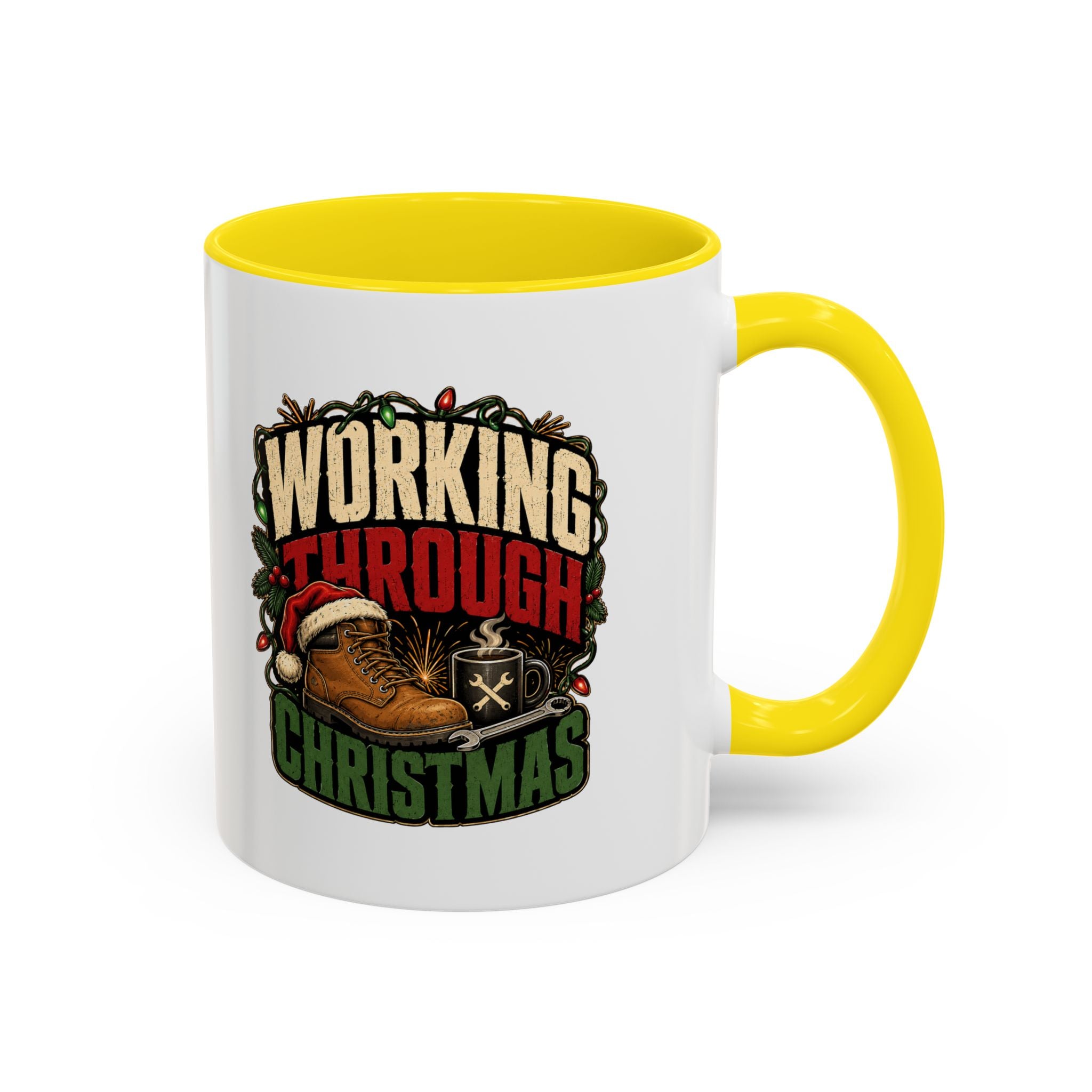 Modern Day Christmas Working Through Christmas Coffee Mug — Funny Holiday Work & Overtime Gift