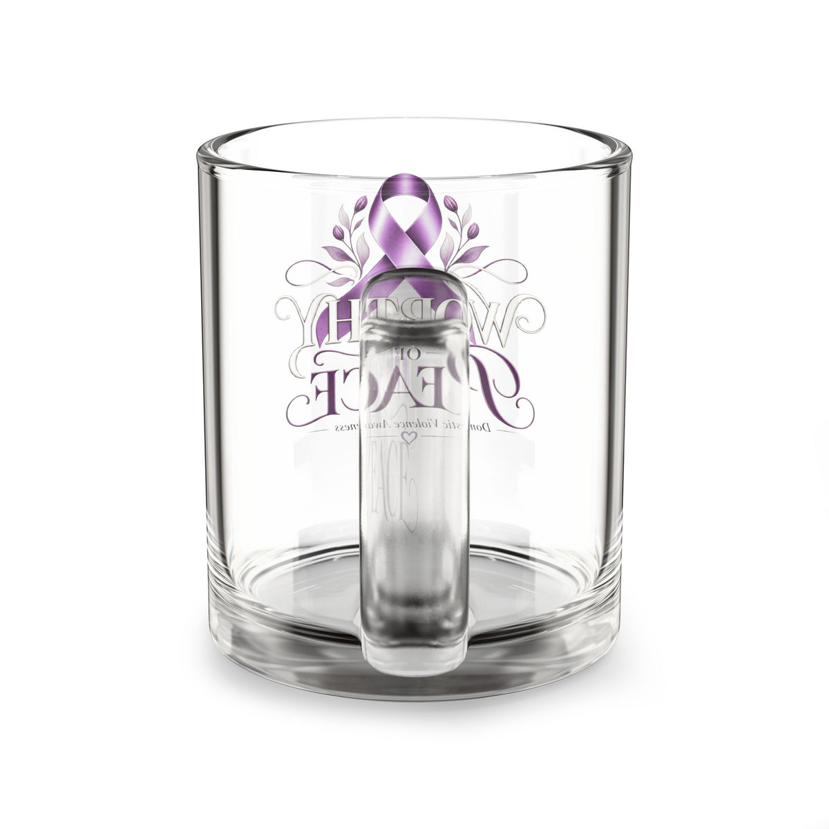 Glass Mug - "Worthy Peace" Purple Ribbon Domestic Violence Awareness Coffee Mug