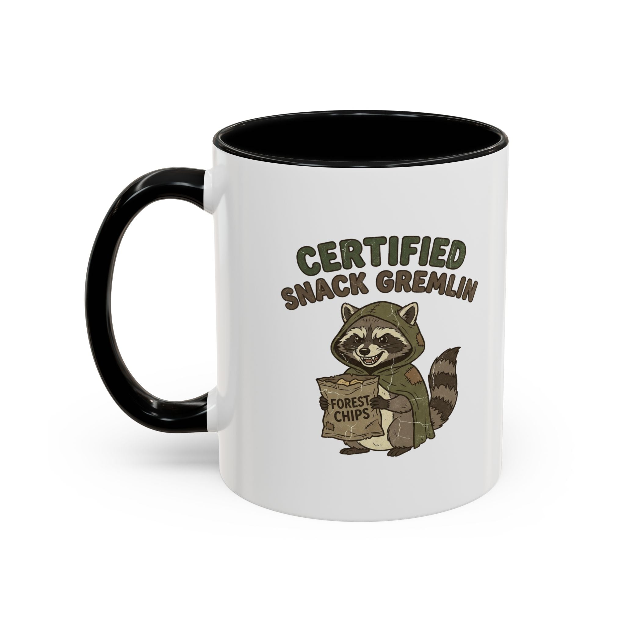 Funny Certified Snack Gremlin Coffee Mug — Cute Raccoon Snack Lover Accent Mug