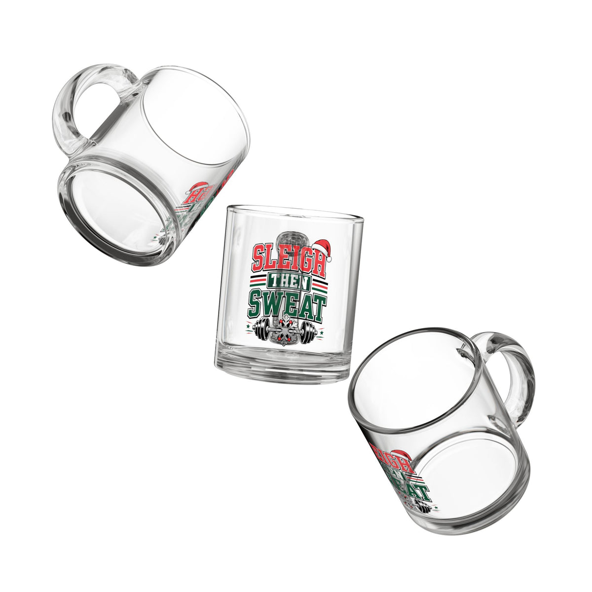 Modern Day Christmas Glass Mug  10oz Glass Mug — "Sleigh Then Sweat" Christmas Fitness Mug, Holiday Gym Coffee Cup