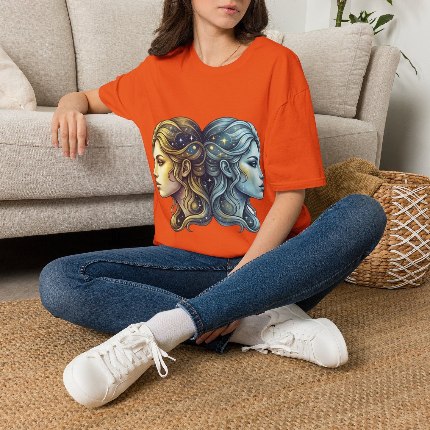 Zodiac Gemini Sun & Moon T-Shirt — Dual Faces Cosmic Design