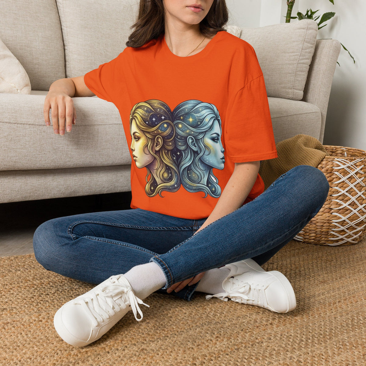 Zodiac Gemini Sun & Moon T-Shirt — Dual Faces Cosmic Design