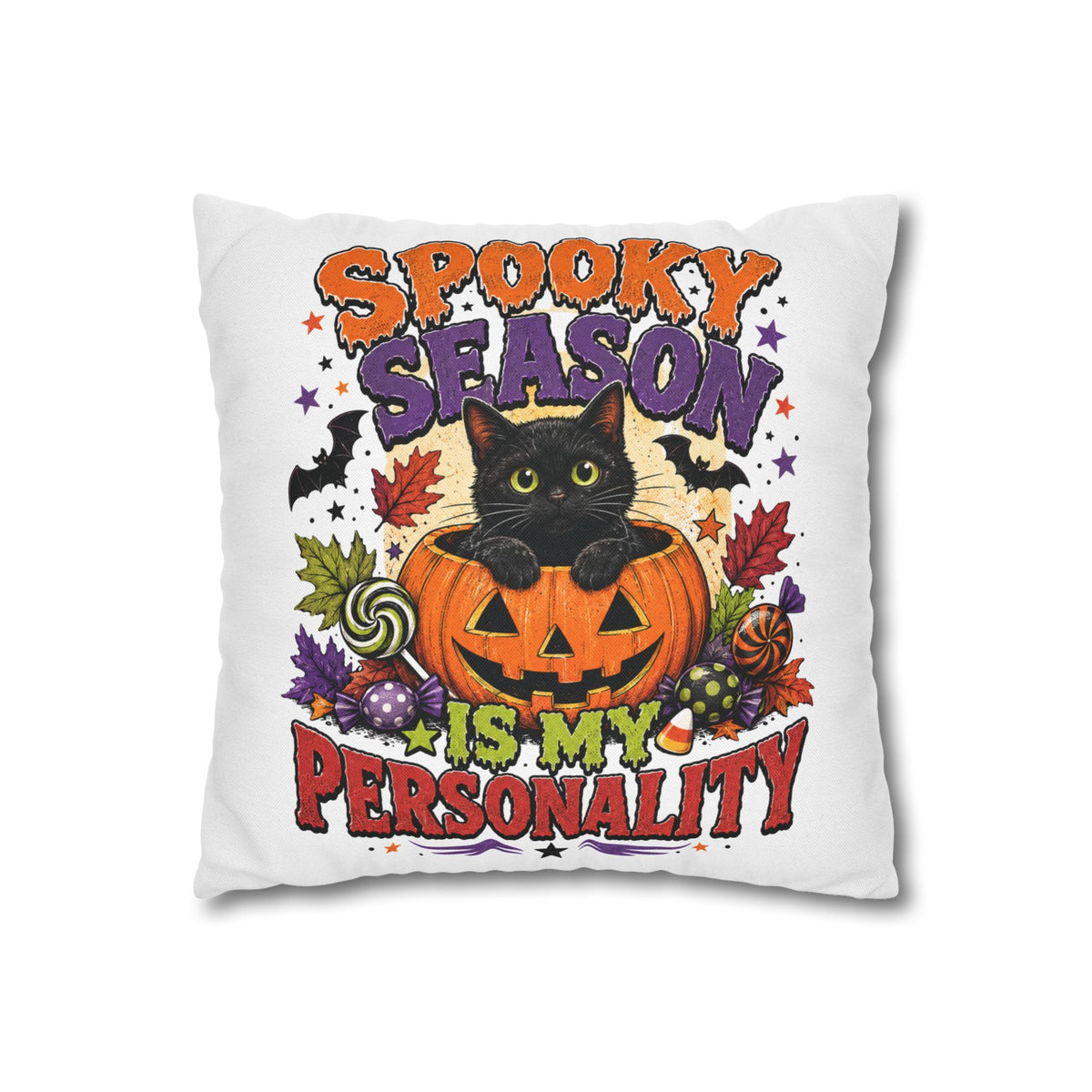 Halloween Pillowcase — "Spooky Season Is My Personality" Black Cat & Pumpkin Decorative Pillow Cover