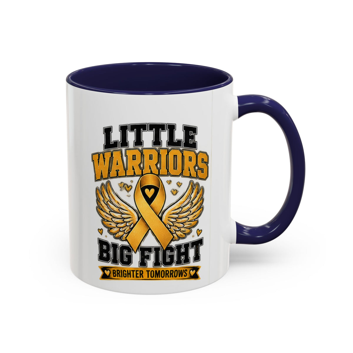 Little Warriors Big Fight Childhood Cancer Awareness Coffee Mug — Gold Ribbon Support Accent Mug