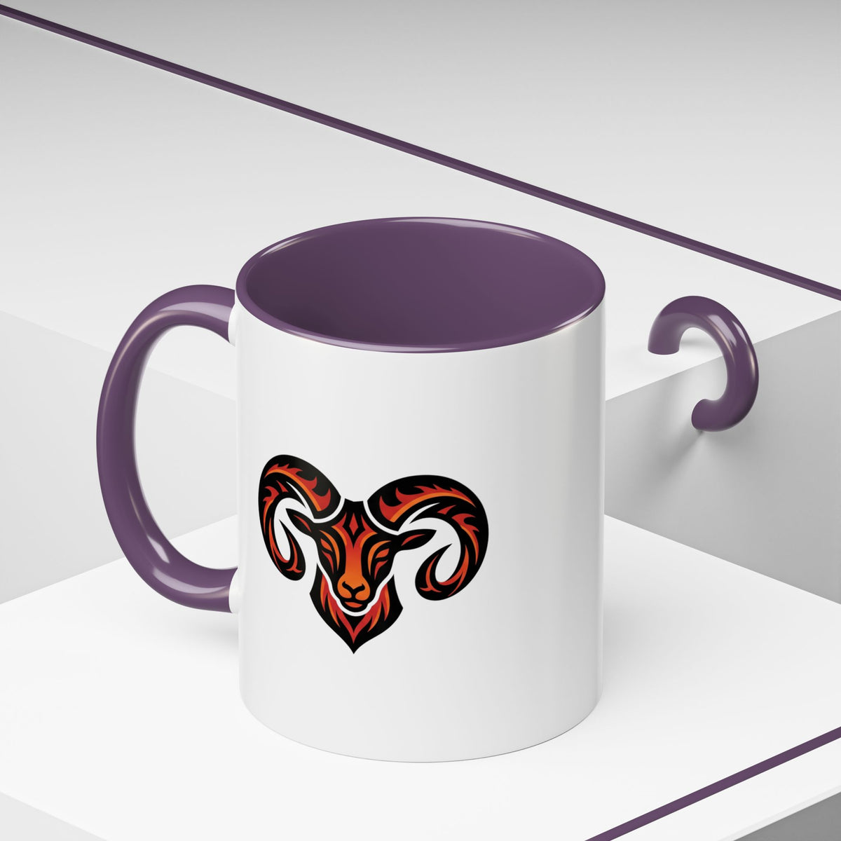 Aries Zodiac Ram Logo Accent Coffee Mug — Bold Tribal Ram Head Design