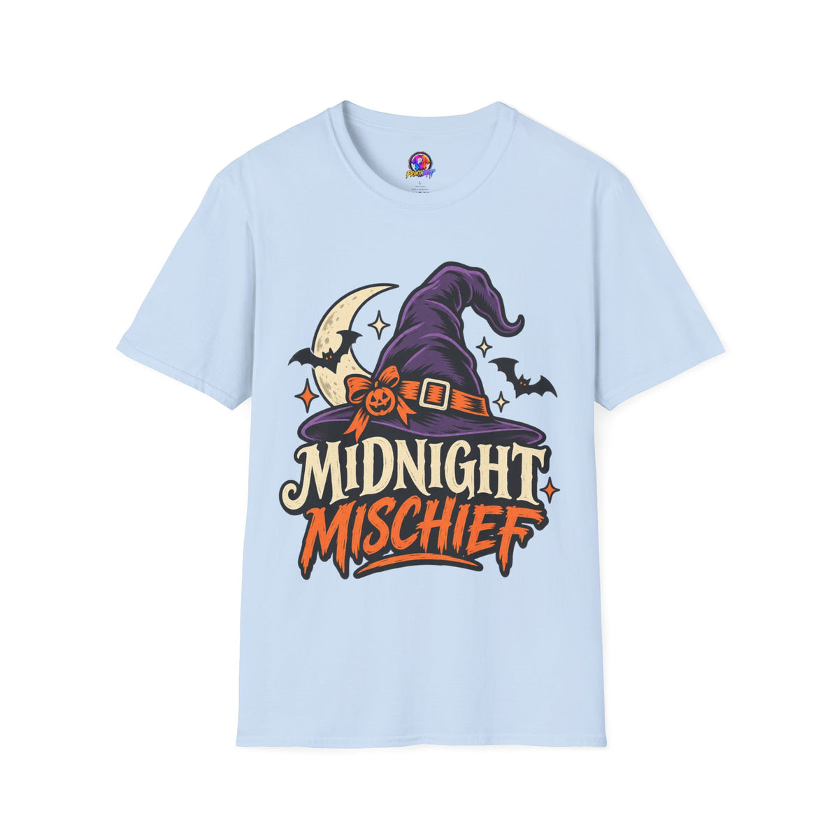 Midnight Mischief Halloween T-Shirt — Witch Hat & Bats Graphic